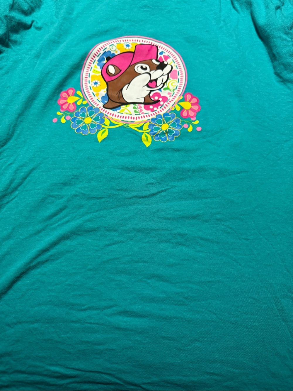 Women’s Teal Short Sleeve Tee with Floral Cartoon Graphic